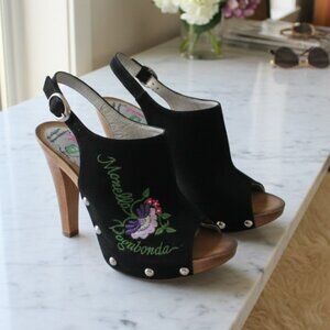 Monella Vagavonda Heels Black Suede Italian Embroidered Sandals Shoes Size 9